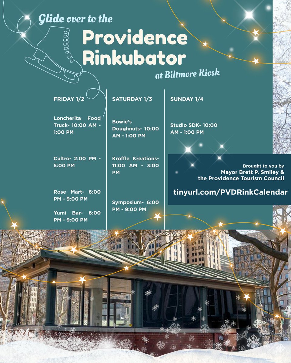 ⛸💫This weekend, glide on over to the Providence Rinkubator pop up at the Biltmore Park Kiosk next door to <a href="/ProvidenceRink/">The Providence Rink</a> to grab a bite, a drink, or a little gift for yourself from one of our incredible local businesses! Full schedule: events.dudesolutions.com/providenceri/s…