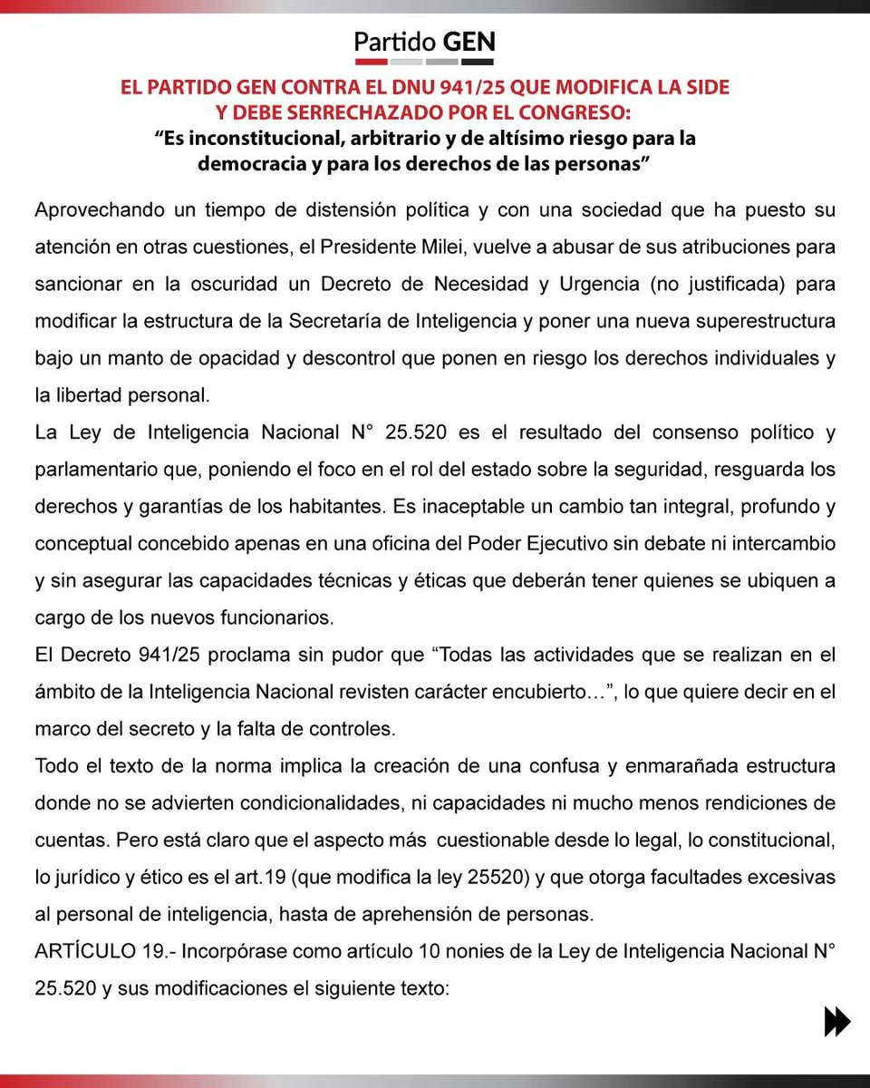 Stolbizer's tweet image. EL @PartidoGEN CONTRA EL DNU 941/25 QUE MODIFICA LA SIDE Y DEBE SERRECHAZADO POR EL CONGRESO:

"Es inconstitucional, arbitrario y de altísimo riesgo para la democracia y para los derechos de las personas"