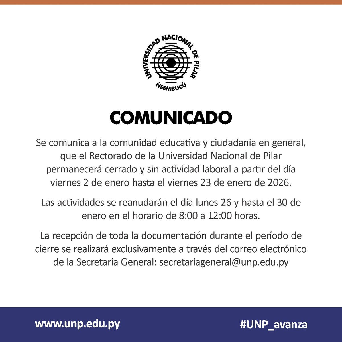 ℹ️ Comunicado desde la Secretaría General de la Universidad Nacional de Pilar 📢