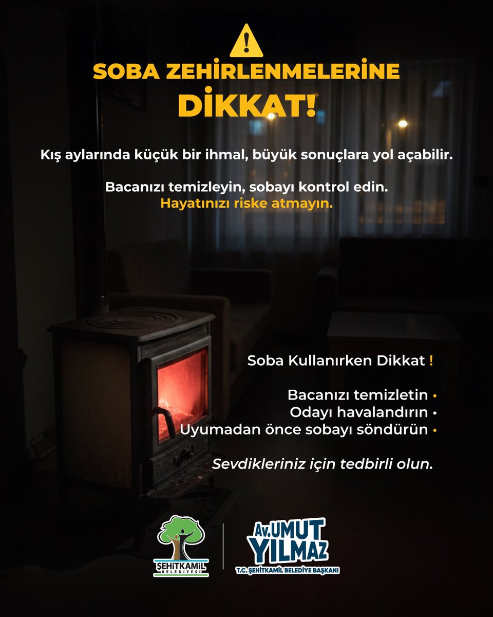 Soğuk hava ile birlikte ilçemizde
gizli buzlanma riski ve soba zehirlenmeleri konusunda
dikkatli olunması büyük önem taşıyor.

🚗 Sürücülerimizin;
• Hızlarını düşürmeleri
• Takip mesafesini korumaları
• Ani fren ve manevralardan kaçınmaları

🔥 Soba kullanan vatandaşlarımızın