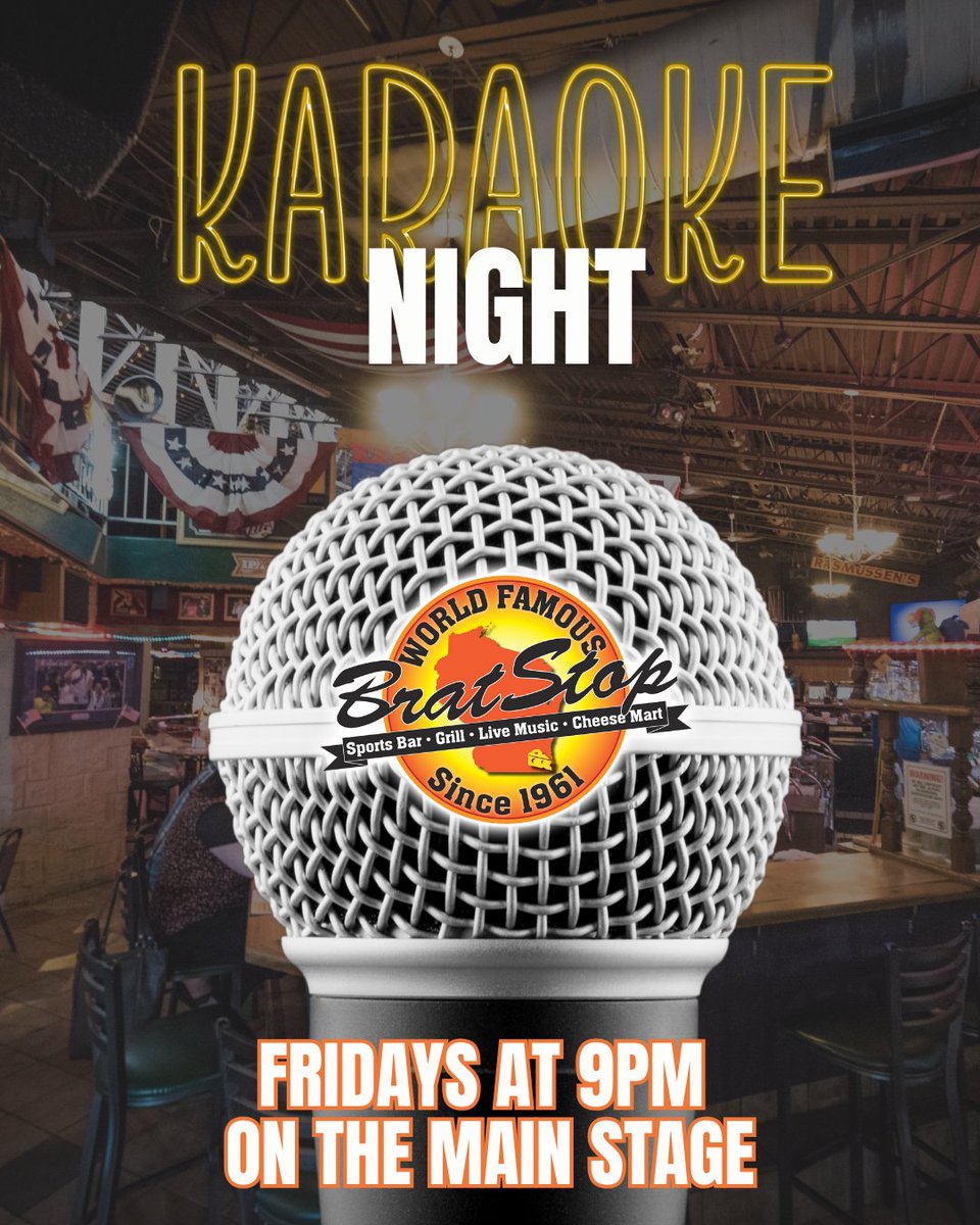 Fridays are for singing your heart out—join us at 9PM for karaoke on the Main Stage 🎶🎤 #BratStopEats #SingIt #FridayFun