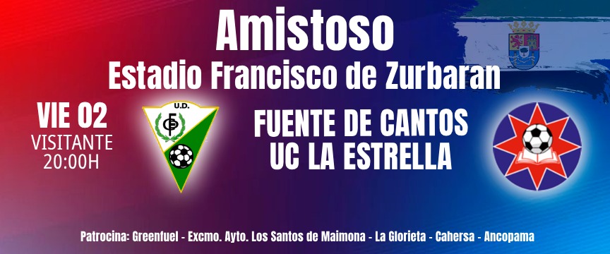⚽🏃 Hoy jugamos

Amistoso

📅 Viernes 2 de enero
🏟️ Fco. de Zurbarán
📍Fte. de Cantos
🕣 20:00 horas

UD Fte. de Cantos 🆚 UC La Estrella

🫰Entrada general 2€