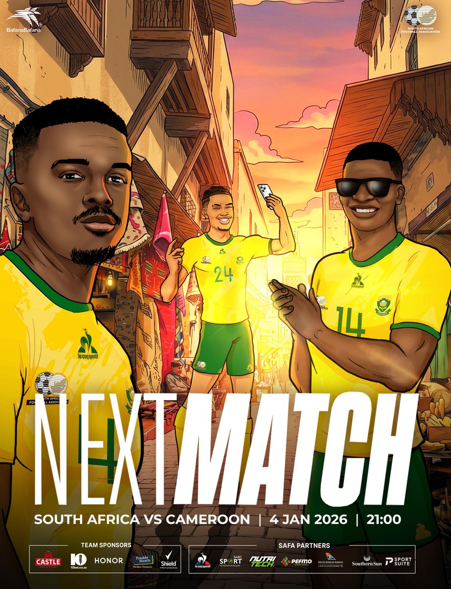BafanaBafana's tweet image. AFRICA CUP OF NATIONS 

LAST 16

⚽️ South Africa 🇿🇦 vs  🇨🇲 Cameroon 
🗓 4 January 2026
⏰️ 20h00 (local time)
🏟  Al Medina Stadium

#BafanaPride

@10bet_ZA @CastleLagerSA @SABC_Sport @HonorAfrica @Shield_ZA