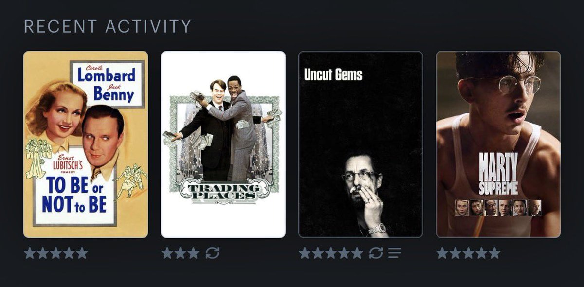 decodezilla's tweet image. To Be or Not to Be (1942)
Trading Places (1983)
Uncut Gems (2019)
Marty Supreme (2025)