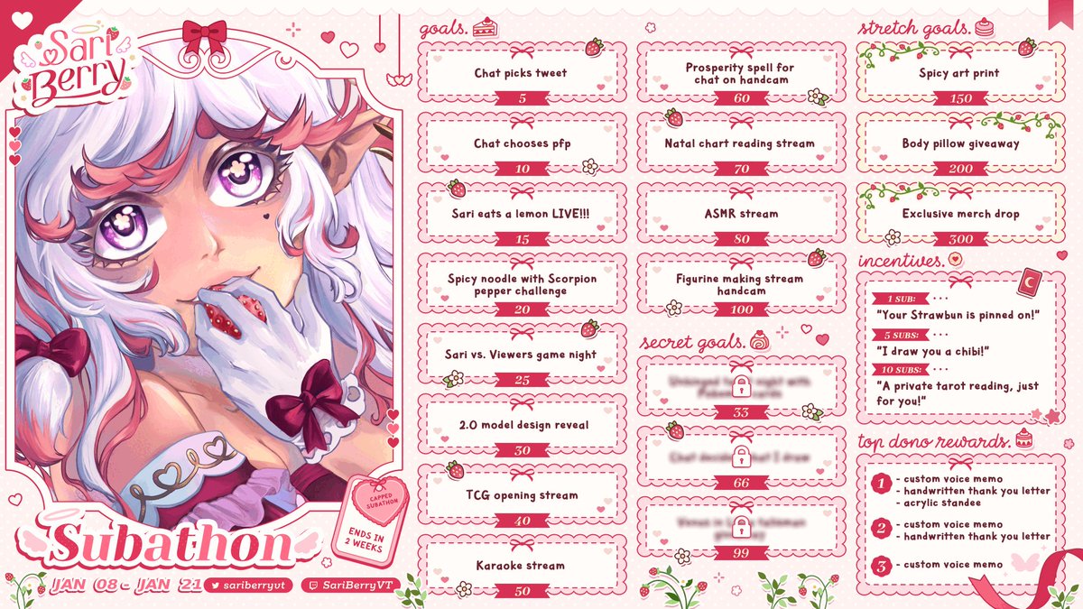 sariberryvt's tweet image. 🍓【MY FIRST SUBATHON! 】🍓

📆 JAN 8TH @ 9:30PM AST - JAN 21ST! 📆 

💌 After a year of vtubing, I'm so grateful for all of the love and support you've shown me! So - let's celebrate with my very first subathon! 

I've prepared lots of treats - so come join the fun! 🍰