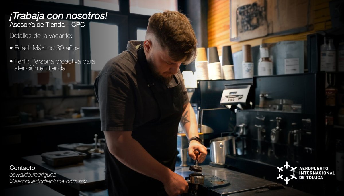 Año nuevo, trabajo nuevo 👀✨

¡Trabaja con nosotros! 😉
Vacante disponible: Asesor(a) de Tienda – CPC

📩 CV: oswaldo.rodriguez@aeropuertodetoluca.com.mx
📞 (722) 279 2800 ext. 3122

#NuevoAñoNuevasMetas #Vacantes #TrabajaConNosotros