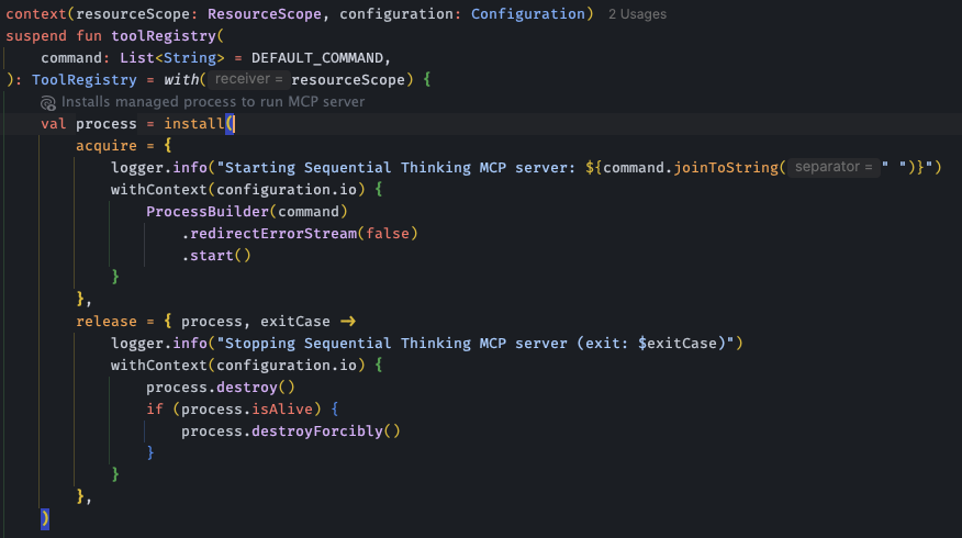 _marcmf's tweet photo. You can use Arrow's ResourceScope to initialize your Koog agent's and MCP Processes without worry to release them afterwards. Happy new year 🤘🏻 https://t.co/Vosvp6pP8z