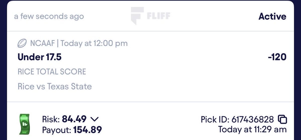 UnderPicks_'s tweet image. 🚨FREE NCAAF VIP PLAY🚨

Rice UNDER 17.5 Total Points (-120) 1u

👍🏻RT/Like if tailing👍🏻