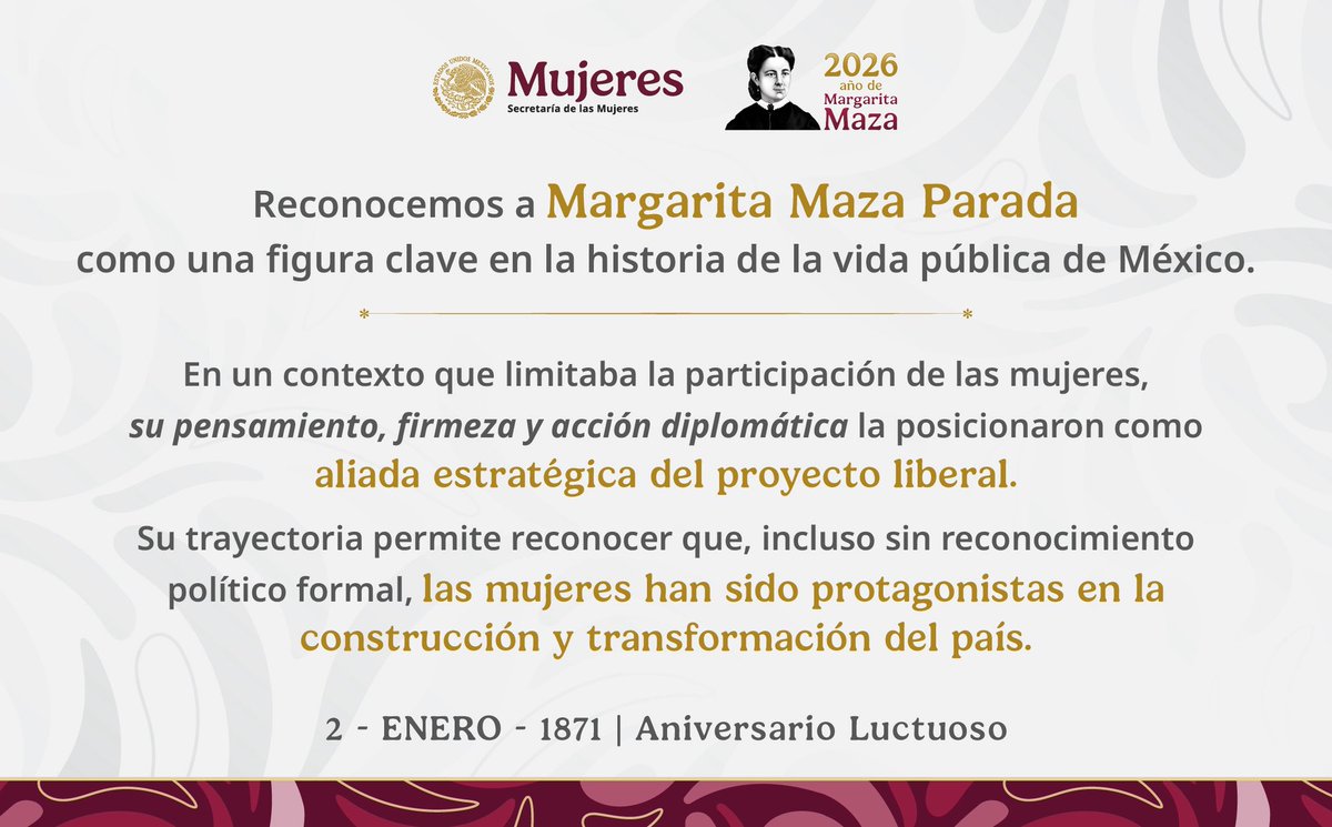 mujeresgobmx's tweet image. Este 2026 el @GobiernoMX dedica el año a la memoria y legado de Margarita Maza Parada.

🕊️Hoy, en su aniversario luctuoso, las banderas de todo el país se izan a media asta en su honor; una militante liberal que transformó nuestra historia y abrió camino a la participación…