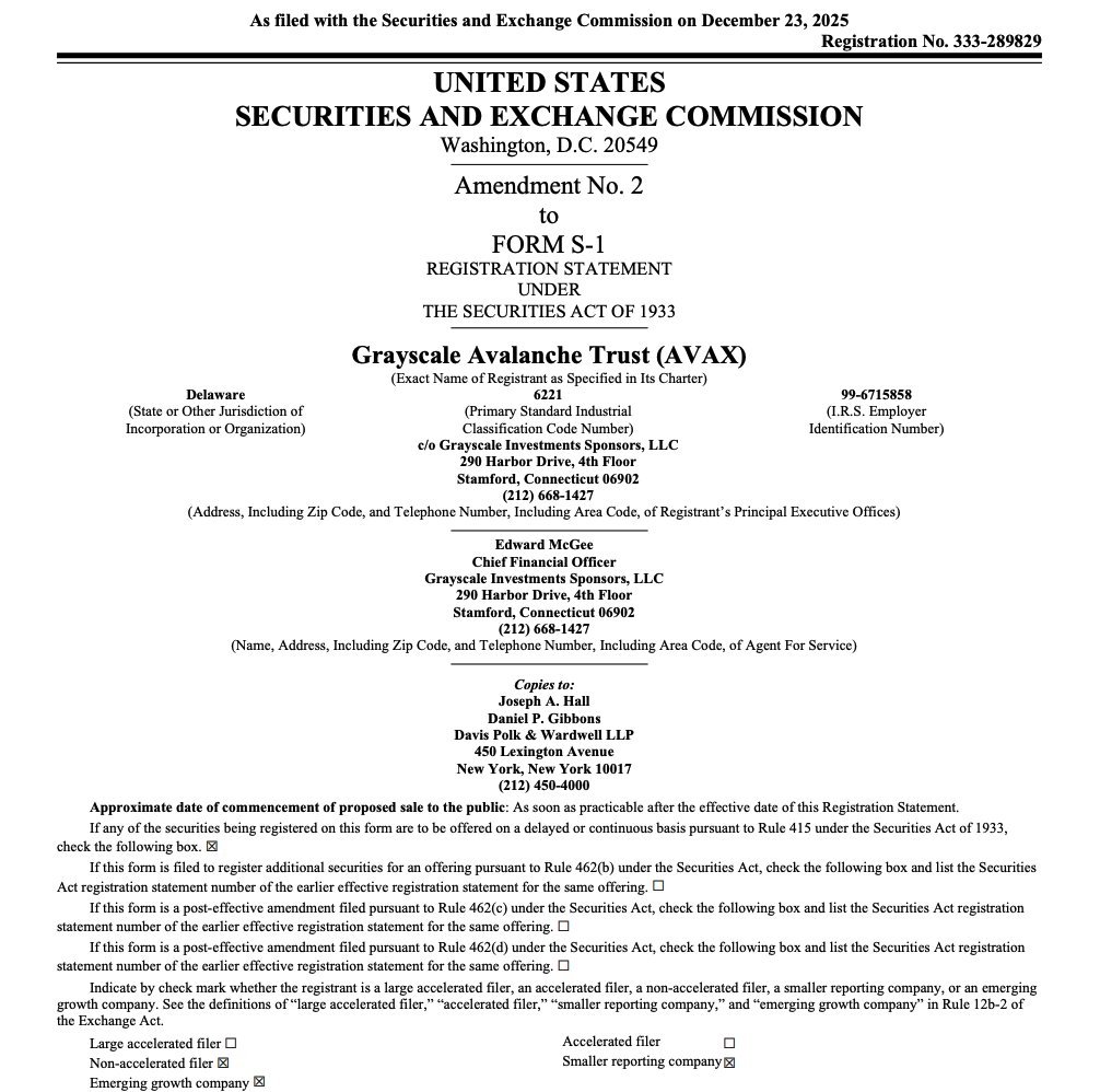 BREAKING: Grayscale has amended its $AVAX ETF S-1 filing to include staking rewards, becoming the third issuer to do so with the SEC after Bitwise and VanEck. 

The ETF is intended to list on the NASDAQ under the ticker $GAVX.