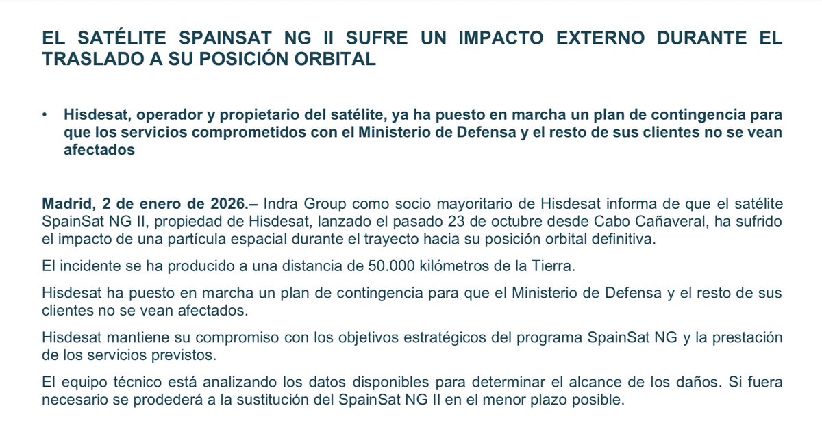 matiass's tweet photo. Ya es mala suerte. El SpainSat NG II, uno de los satélites militares más avanzados de Europa, sufrió un impacto externo mientras se desplazaba a su posición orbital https://t.co/z9IpEo8Zz0