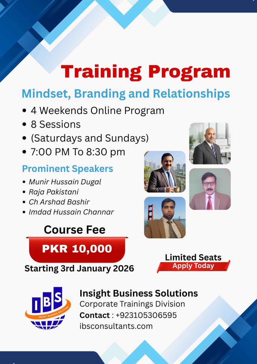 aaminsanparty's tweet photo. Mindset, Branding, and Relationships in Corporate Culture

Course Fee PKR 10000
4 Weekends Online Program
Saturdays and Sundays
7:00 pm to 8:30 pm
Insight Business Solutions
https://t.co/fQtTkJc5YB 
Contact+923105306595 https://t.co/dniS51iBKs