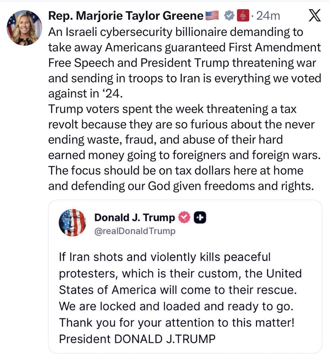 MTG（玛乔丽·泰勒·格林）如此虚伪（而且愚蠢），她立刻就假设对伊朗伊斯兰共和国施压就意味 着“向伊朗派兵”。字面上没有人主张那样做，包括那些公开支持伊朗政权更迭的人。  你这个可悲的、虚伪的骗子，应该被送到你如此热衷于辩护并维持权力的毛拉们那里去生活@