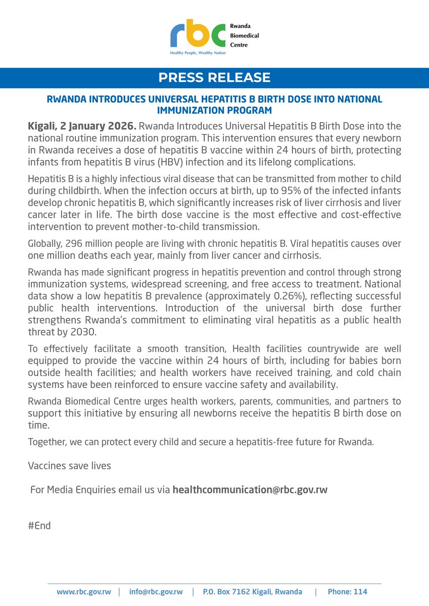 RBCRwanda's tweet image. Press Release: Rwanda introduces Universal Hepatitis B birth dose into National Immunization Program.
====
U Rwanda rwongeye kuri gahunda y'inkingo zihabwa umwana ukivuka urukingo rw'indwara y'umwijima wo mu bwoko bwa B.