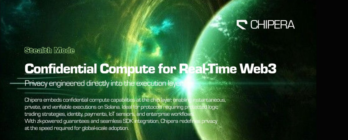 Stealth Mode: Confidential compute at the chip layer.  Instantaneous, private, and verifiable executions for real-time Web3.  

Redefining privacy.  
#ChiperaNetwork #RealTimeWeb3 #PrivacyTech
