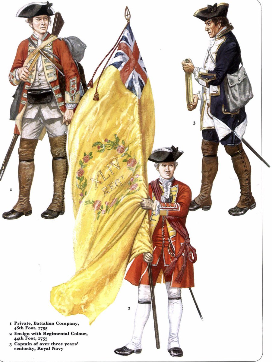 Alaric88ab's tweet image. British regulars and naval officers, 1755. Redcoats of the 44th and 48th Foot march with Royal Navy gunners during Braddock’s Expedition. At the Monongahela, rigid European tactics collapsed in the wilderness, foreshadowing Britain’s hard lessons in the #FrenchandIndianWar