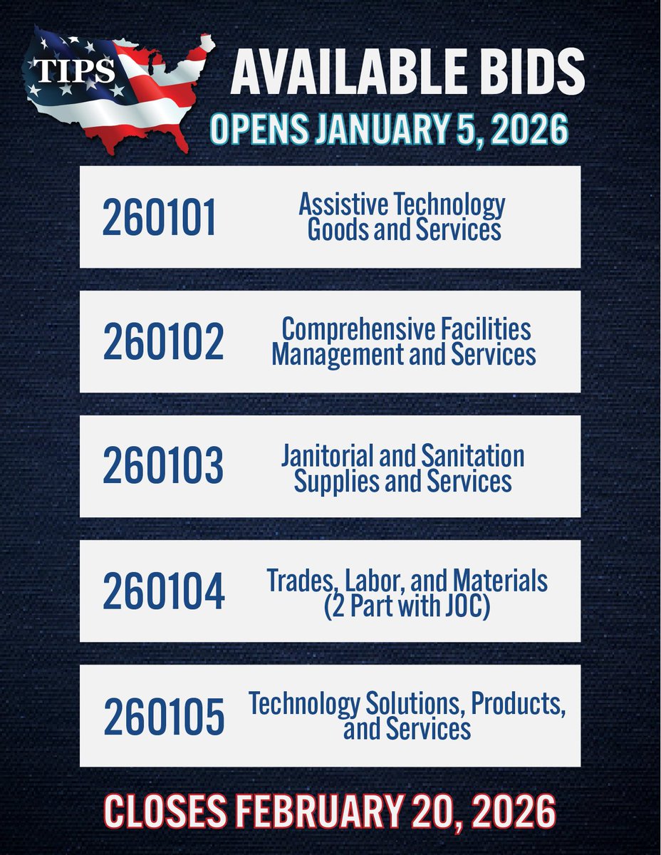 TIPSCooperative's tweet photo. New bid opportunities are opening for current and potential TIPS Awarded Vendors.
View and submit for a contract that fits the products and services you offer before they close. Check out more information at: https://t.co/o89VlL8p69 https://t.co/7A9zhF8H26