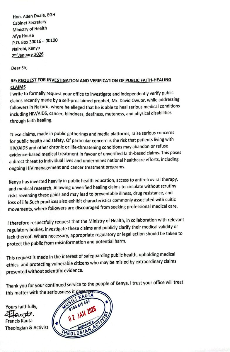 Owour's claims that he can heal HIV/AIDS, cancer, and other chronic diseases are extremely dangerous and pose a significant risk to healthcare, as people may reject conventional medicine in favour of false faith healers. In 2015, 6 people died waiting to be prayed for by Owour.