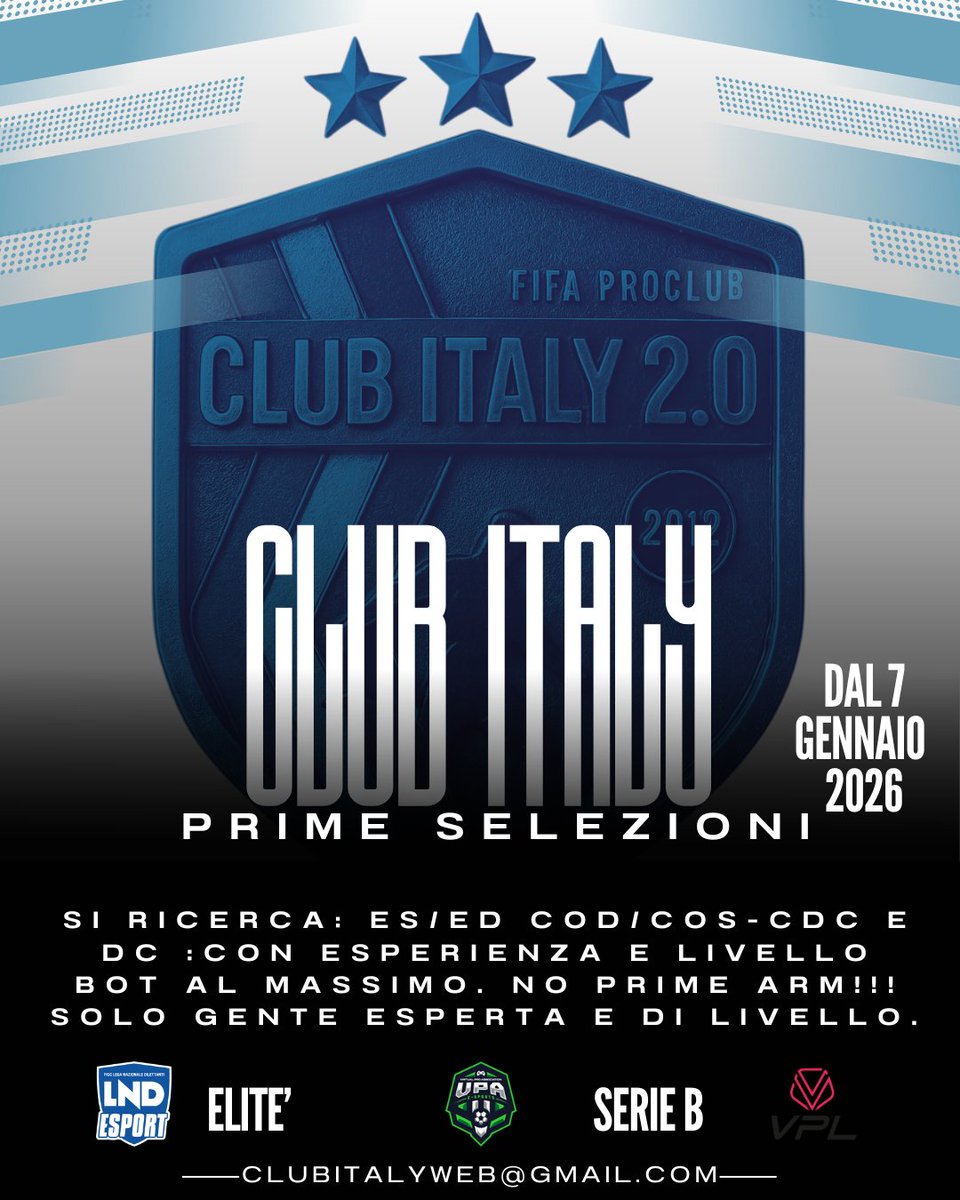 si ricercano i seguenti ruoli descritti: 

livello bot: 75
esperienza: massimi campionati
solo di ruolo primario.
info in dm 
18+ 
discord obbligatorio.
<a href="/pctransfermarkt/">🇮🇹 PRO CLUBS TRANSFERMARKT🔍</a> <a href="/Retweet_Proclub/">🔺• RETWEET •🔺</a> <a href="/MercatoFifaPro/">🇮🇹 𝗠𝗲𝗿𝗰𝗮𝘁𝗼 𝔽𝕚𝕗𝕒 ℙ𝕣𝕠 💜</a> <a href="/VPA_Italy/">VPA Italy</a> <a href="/VPLItaly/">VPL Italy 🇮🇹</a> <a href="/LNDEsport1/">LND Esport</a> <a href="/RT_Proclub/">RT PRO_CLUB</a> <a href="/Freeagent_PS/">Pro Clubs Free Agency</a> <a href="/HouseOfProClub/">H𝕠𝕦𝕤𝕖 𝕆𝕗 P𝕣𝕠C𝕝𝕦𝕓</a>