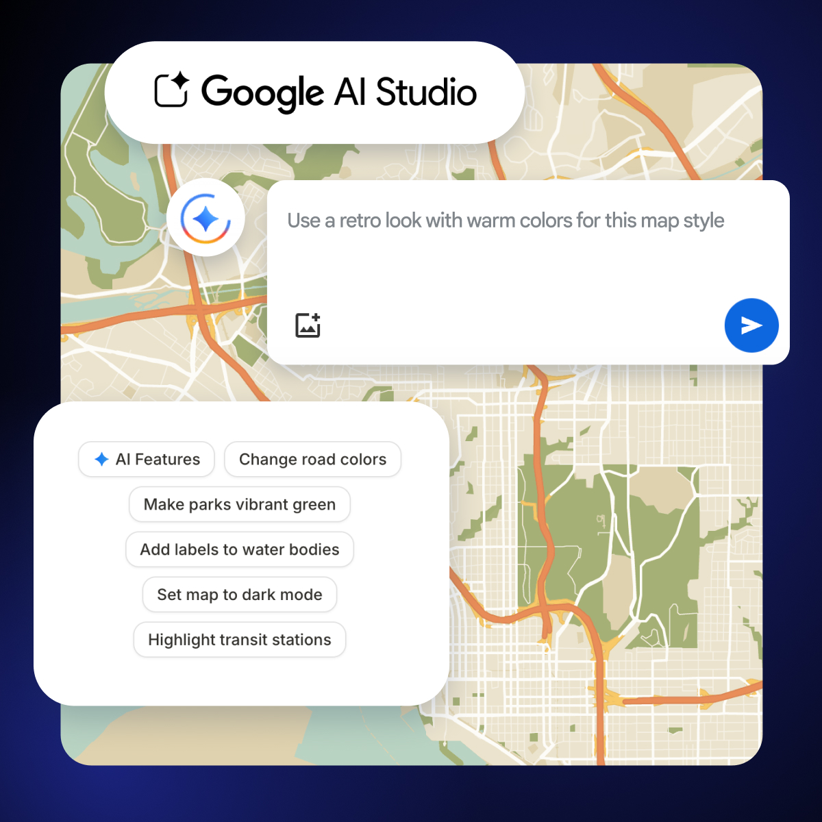 Natural language prompts can guide custom maps styling in Google AI Studio ➡️ goo.gle/3L0buUW

🗺️ "Update this map's style to match the provided brand guidelines"
🎨 "Apply a style that matches the provided theme"
🌊 "Show bodies of water as blue and roads as red"

Try