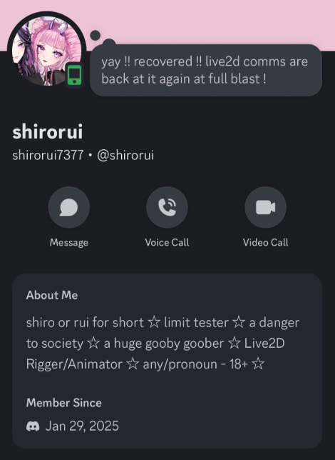 posting for awareness ! (thank you <a href="/BitesPixel/">🚪🐑WatageYua🐑🚪</a> for informing me !!!)

someone is impersonating me on discord , using my name and my bio on twitter . my real discord username is "shirorui737" , not "shirorui7377" . please report/block them if they contact you !