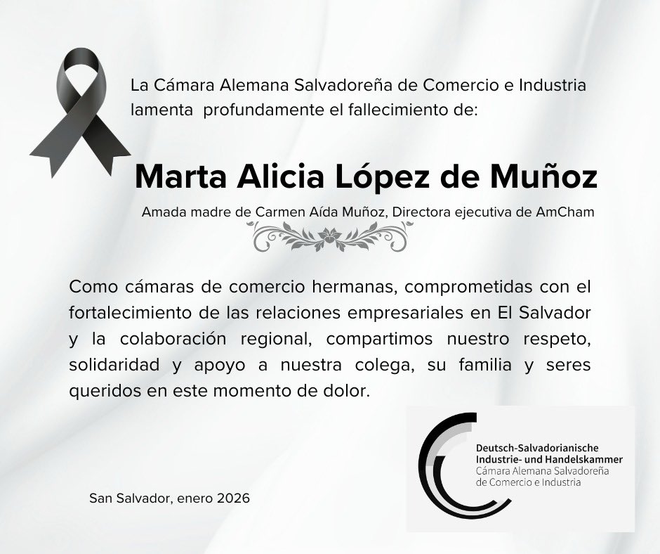 Acompañamos a nuestra querida colega y amiga Carmen Aida Muñoz de <a href="/AmChamSal/">AmCham El Salvador</a> en estos difíciles momentos. 🙏