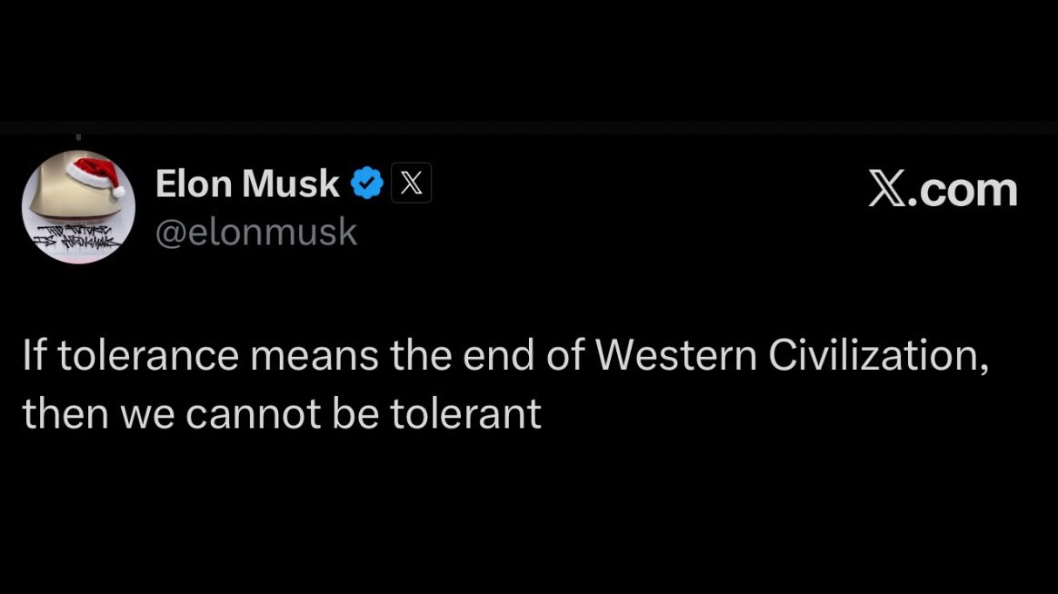 🚨 BREAKING: Elon Musk is again telling the entire western world — “If tolerance means the end of Western Civilization, then we can NOT be tolerant.” 💯 

This is the truth.

If I’m intolerant for wanting to save my nation from the 3rd world — so be it.