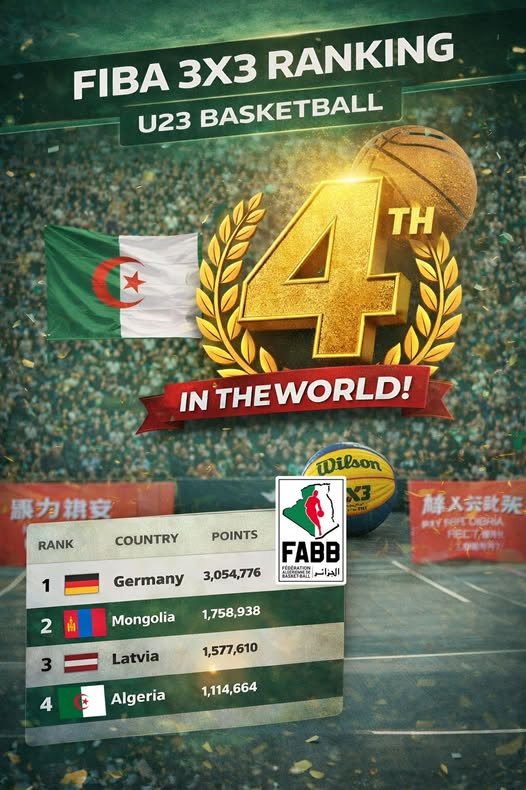 🔴إنجاز تاريخي غير مسبوق للمنتخب الوطني الجزائري🇩🇿🇩🇿🇩🇿 لكرة السلة (3  ضد 3) 📌حقق المنتخب الوطني الجزائري لكرة السلة (3 ضد 3) لأقل من 23 سنة قفزة  تاريخية بوصوله إلى المركز الرابع عالمياً