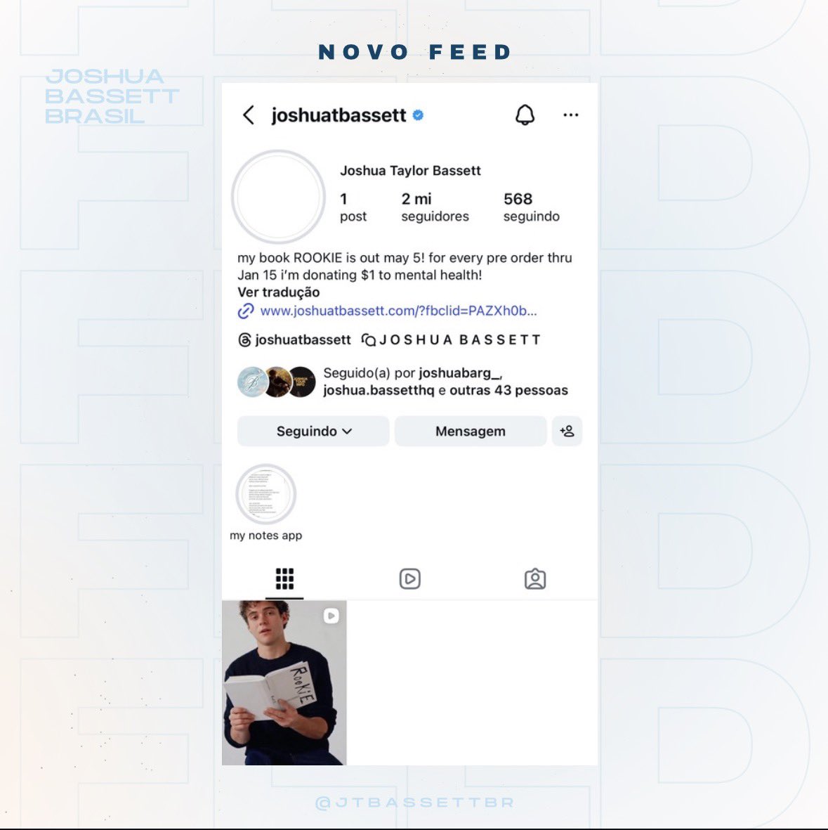Joshua Bassett alterou todo seu instagram incluindo sua nova bio, novo icon e agora tem apenas o post sobre o livro no seu feed.