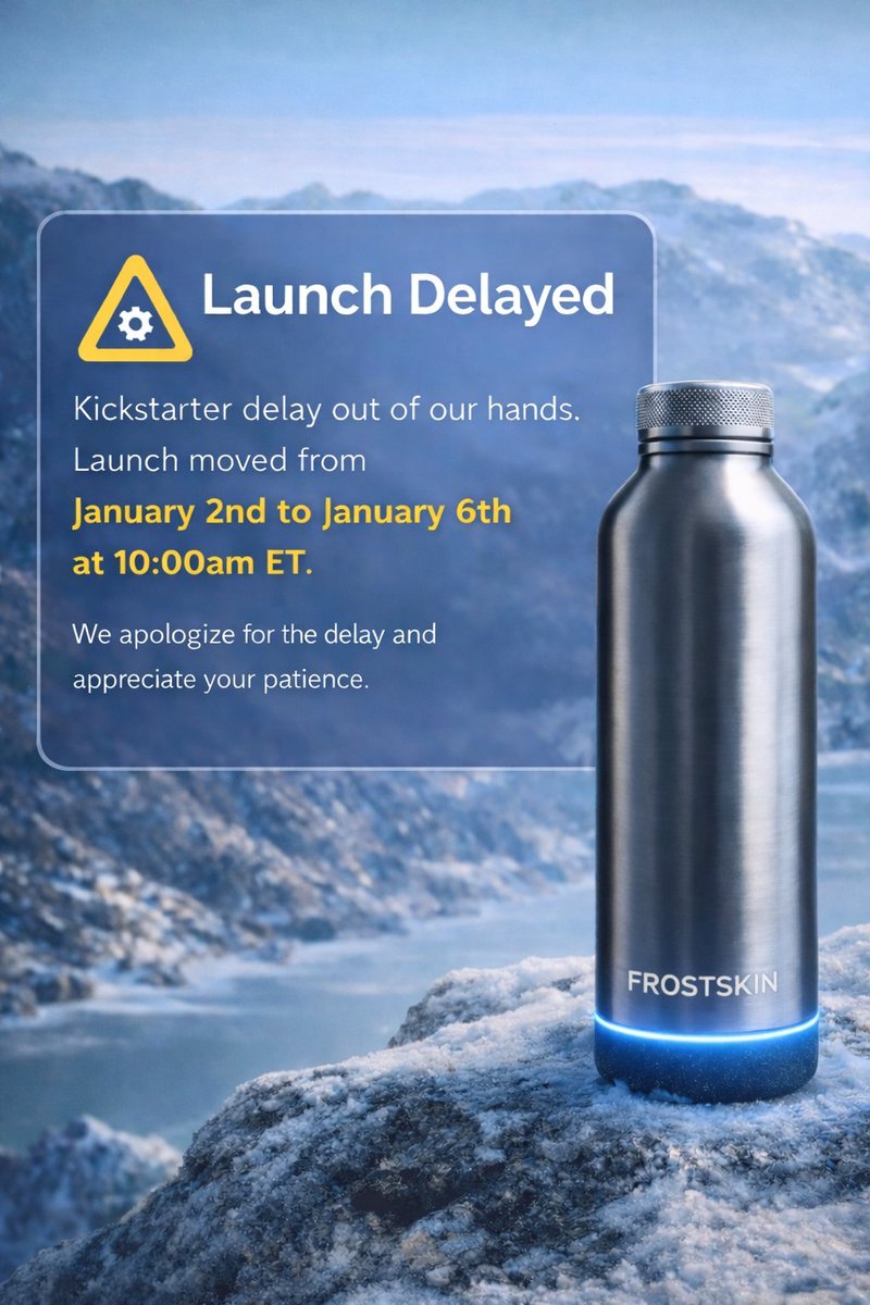 FrostSkin_'s tweet photo. Launch Update ❄️ We’re Still Coming
Important update, FrostSkin community ❄️
Due to a Kickstarter platform delay that is completely out of our hands, our launch has been rescheduled to January 6th, 2026 at 10:00 AM EST.
We know delays are frustrating, and we sincerely apologize.
Thank you for the patience, trust, and support.
❄️ January 6th. 10 AM EST. ❄️
Search “FrostSkin” on Kickstarter.
Cold. Clean. Anywhere.
#FrostSkin
#KickstarterLaunch
#LaunchUpdate
#StartupJourney
#SmartBottle
#CleanWater
#ColdWater
#HydrationTech
#ProductLaunch
#Innovation
