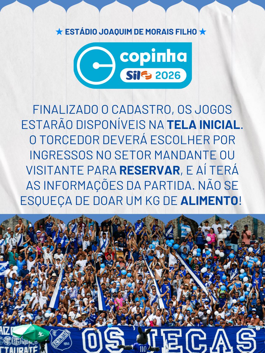 ectaubate's tweet image. A Copinha chegou! Veja como é fácil reservar seu ingresso para assistir aos jogos no Joaquinzão!

É possível reservar até cinco ingressos por partida. Acesse o site, siga os passos e se prepare para torcer! Nos vemos domingo!

#OrgulhoDeSerTaubaté