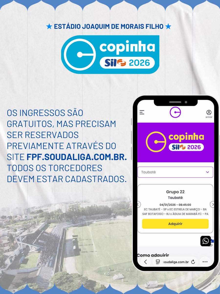 ectaubate's tweet image. A Copinha chegou! Veja como é fácil reservar seu ingresso para assistir aos jogos no Joaquinzão!

É possível reservar até cinco ingressos por partida. Acesse o site, siga os passos e se prepare para torcer! Nos vemos domingo!

#OrgulhoDeSerTaubaté