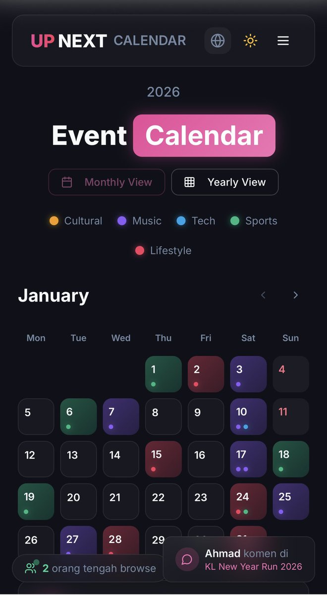 “Weekend ni buat apa?”

Solusi:
Satu calendar. Semua event Malaysia 2026.

Tak perlu fikir panjang.
Terus plan.
Bookmark terus.

👉🏻 upnextcalendars.com