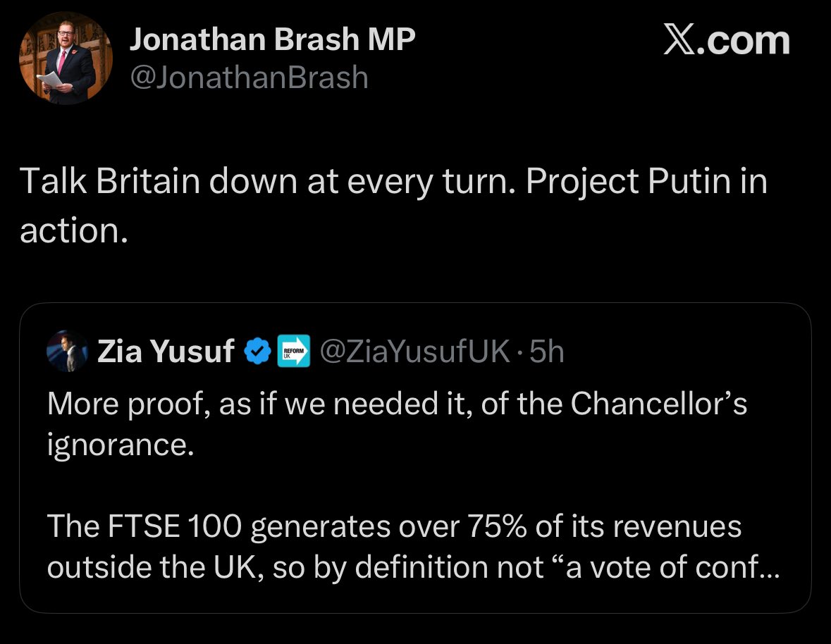 Zia Yusuf points out a fairly basic thing about the FTSE to the [checks notes] *chancellor of the exchequer*.

In lieu of anything useful to say, a Labour MP responds with some dribbling quip about Putin.

We are governed by gibbons.