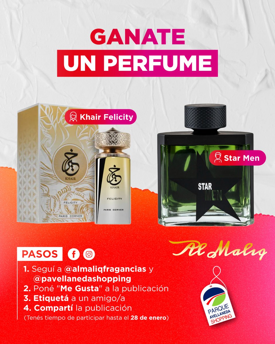 pcavellaneda's tweet image. 🌸🖤 Dos fragancias, un mismo sorteo 🖤🌸

Participá por perfumes de Perfumería Al Maliq

✨ Khair Felicity
🔥 Star Men

🗓️ Sorteo vigente hasta el 28/01
📲 Conocé más en @almaliqfragancias

#Sorteo #Perfumería #AlMaliq #ParqueAvellanedaShopping #TeConviene