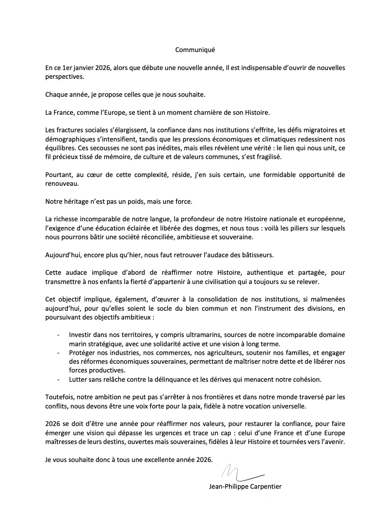 JPCarpentierUE's tweet image. Alors que débute une #nouvelle #année, Il est indispensable d’ouvrir de nouvelles #perspectives.

Chaque année, je propose celles que je nous souhaite.

La #France, comme l’#Europe, se tient à un moment charnière de son #Histoire.

Bonne année à tous.