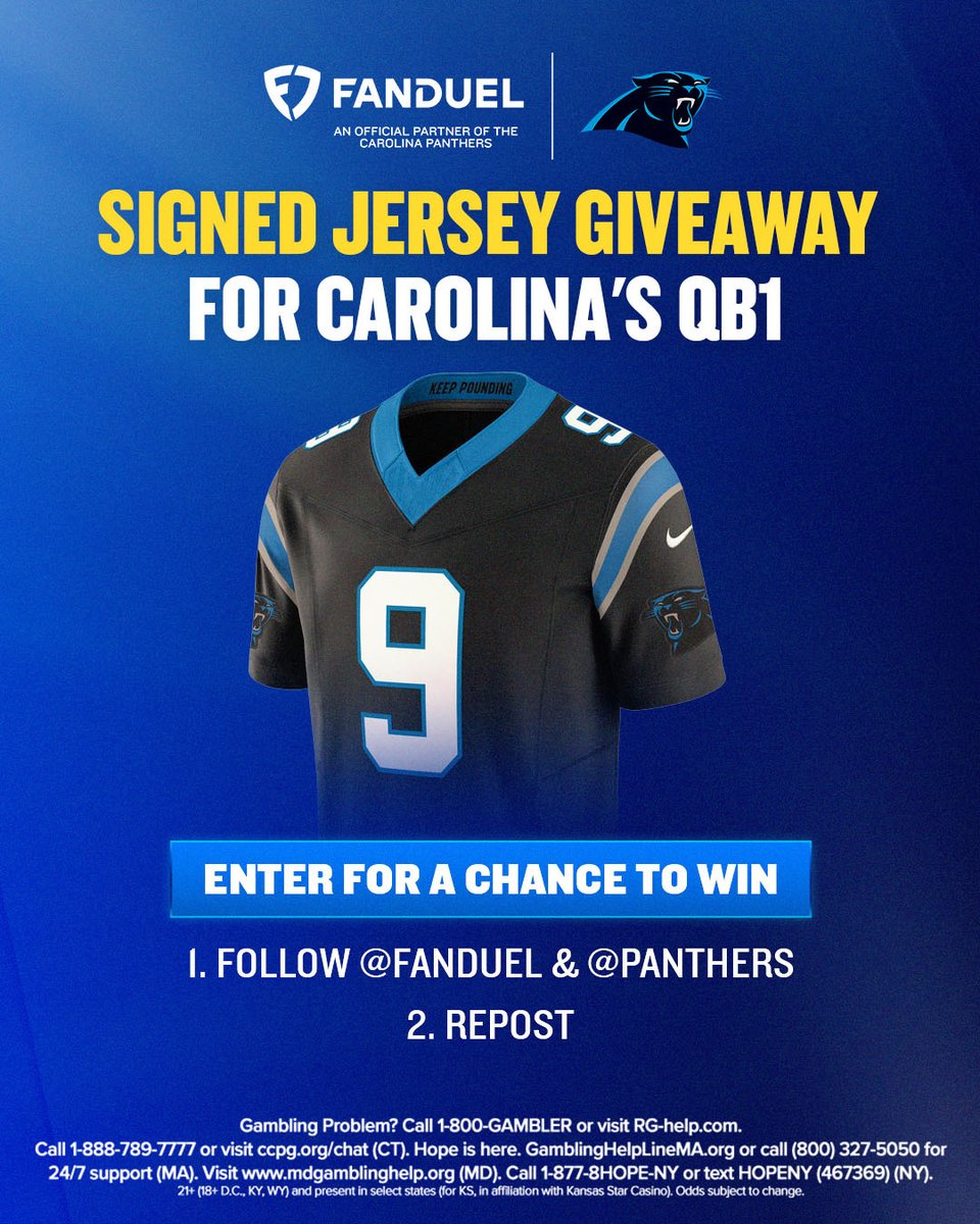 🚨 𝐆𝐈𝐕𝐄𝐀𝐖𝐀𝐘 🚨

We're teaming up with the <a href="/Panthers/">Carolina Panthers</a> to give away an autographed jersey!

For a chance to win:

1⃣ Follow <a href="/FanDuel/">FanDuel</a> &amp; <a href="/Panthers/">Carolina Panthers</a> 
2⃣ Repost this post

📝: linktr.ee/FanDuel | #KeepPounding