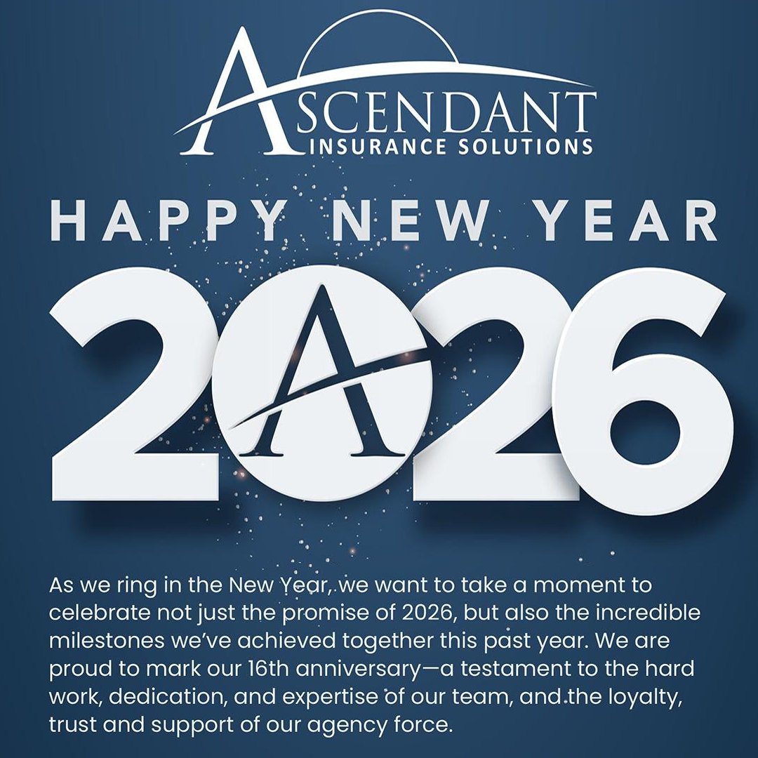 Happy New Year! 🎆 Coming off a great 16th anniversary year, we’re ready to get back to work in 2026. We appreciate the continued trust of our hardworking team and agents. Here’s to a successful year ahead! 🥂 #AscendantInsurance #2026