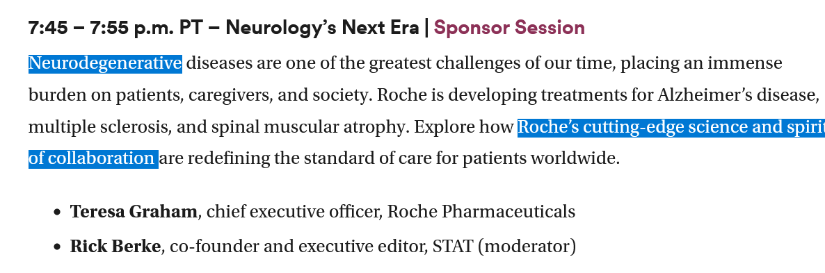 BiotechAnalysst's tweet photo. #Genentech sponsored #STAT Session January 13

#Neurology´s Next Era 
Neurodegenerative  diseases are the greatest challenges of our time
Explore Roche’s cutting-edge science and spirit of  
#collaboration redefining the standard of care for patients  worldwide.

$SGMO STAC-BBB https://t.co/tMSCu3WXZ7