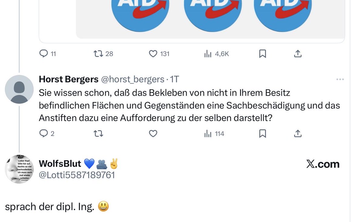 Genau die mag ich.
Erst einen dummen Spruch ablassen aber dann Angst vor der Antwort haben, indem man keine Kommentare zuläßt.
Dafür hat X den Blockknopf erfunden, den ich jetzt auch benutze für diesen Account von Wolfsblut.
Und Tschüss!