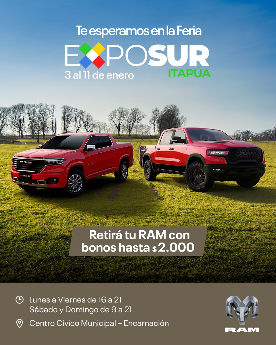 ramtruckspy's tweet photo. ¡Arrancamos en Encarnación! 
Del 3 al 11 de enero, viví Expo Sur y llevate tu RAM con bonos de hasta $2.000.

Te esperamos de 9 a 21 hs en el Centro Cívico Municipal de la ciudad de Encarnación. https://t.co/VEmrHNwvgH