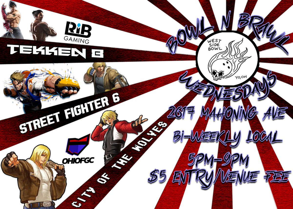 Sign up for Bowl N Brawl! #38 (1/7)

Brackets: SF6,T8, 2XKO &amp; Mystery 

Each Bracket $5 + Venue $5.

Venue fee includes $10 WSB giftcard raffle!

Doors open at 5PM - SF6 &amp; 2XKO @ 6, T8 and Mystery @ 6:30PM. 

Happy Hour (50% off) until 8PM

start.gg/tournament/wbnb