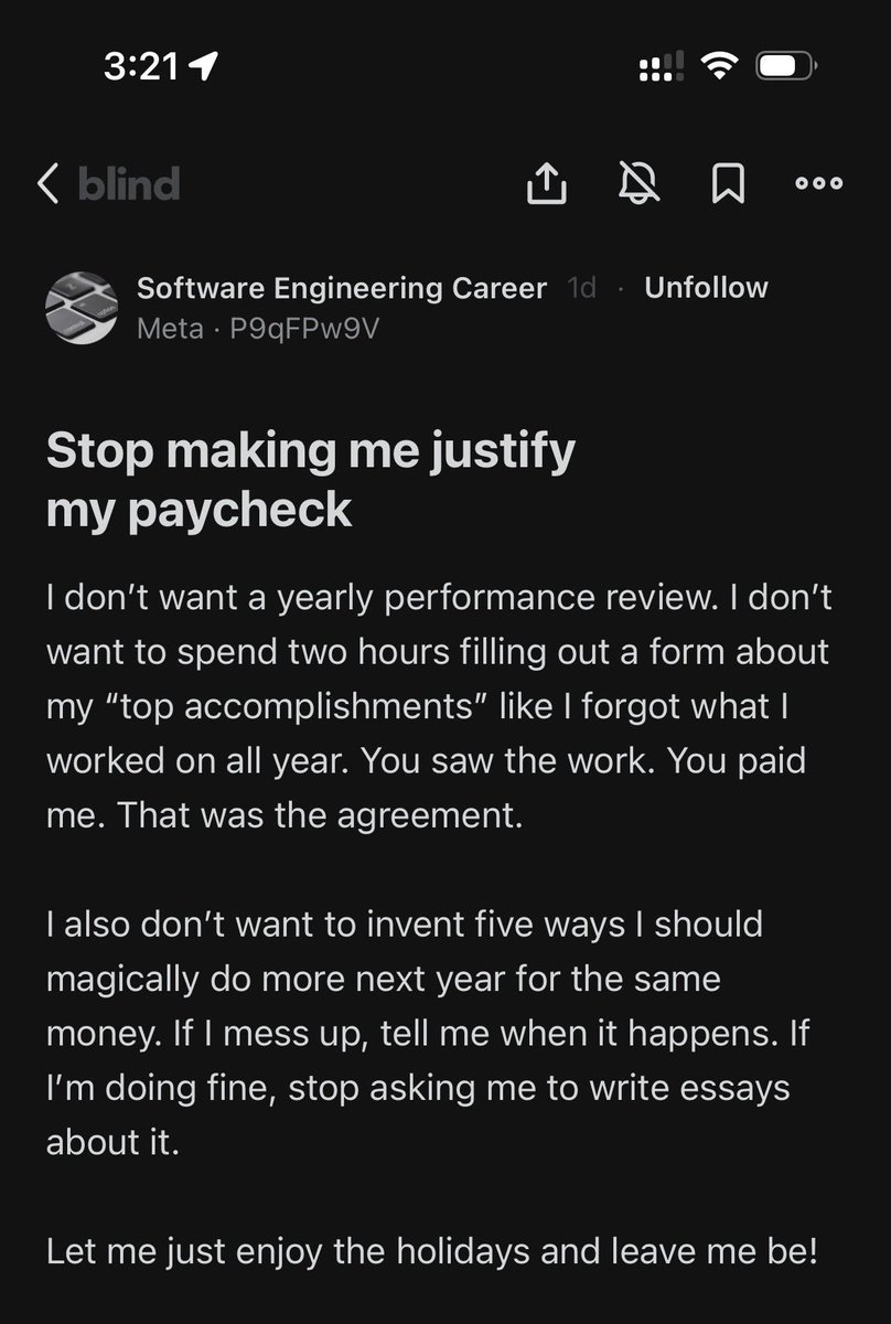 effectfully's tweet image. A major reason (not the main one) why I quit my job is that after busting my ass for 7 years I got 3/5 during a performance review.

Not because I wanted a raise/bonus/promotion. Not because I was unsatisfied with the job. Because of a fucking number on a PDF that they didn't…