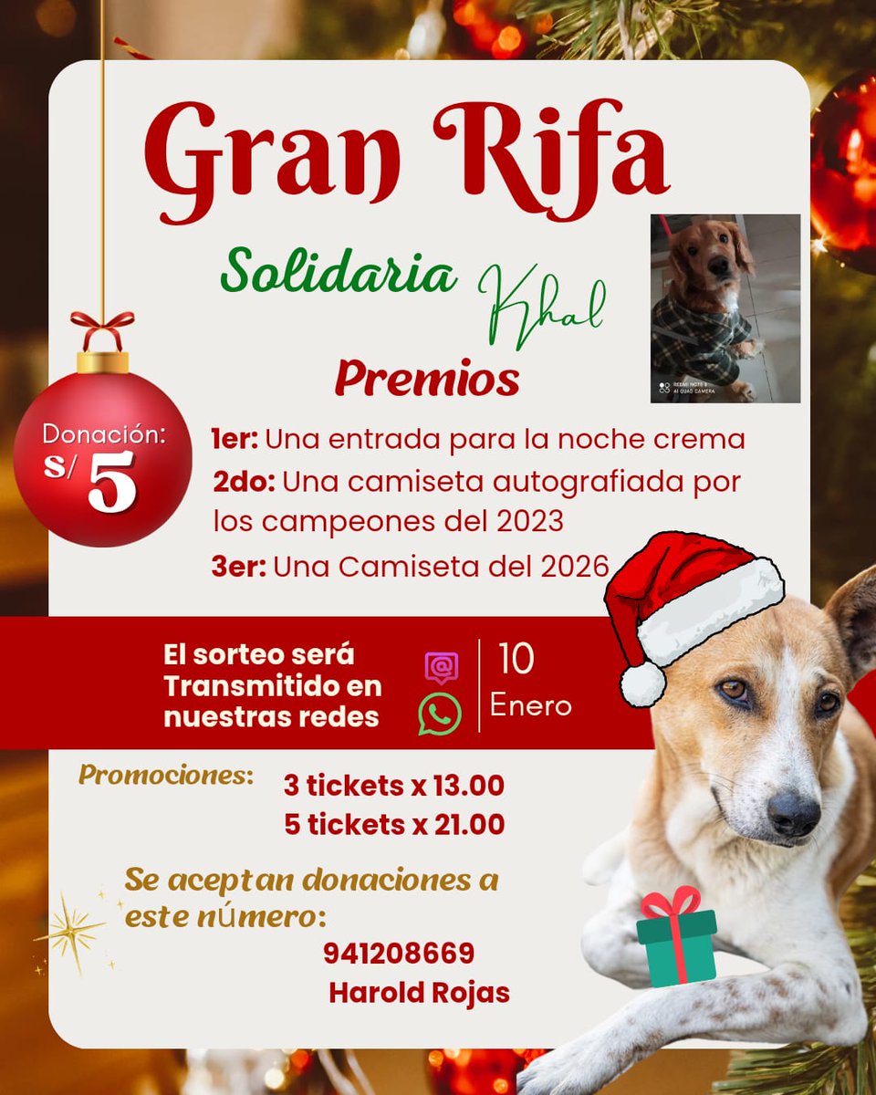 Buenas gentita vengo haciendo esta rifa para la operación de mi perrito Khal. Gracias por la colaboración y la ayuda.  <a href="/carlos_challco/">Carlos Challco</a> <a href="/SoyHinchaDeLaU/">Soy hincha de la Ⓤ 🏆🏆🏆</a>  un rwt para llegar a mas personas. Gracias 🫡👋