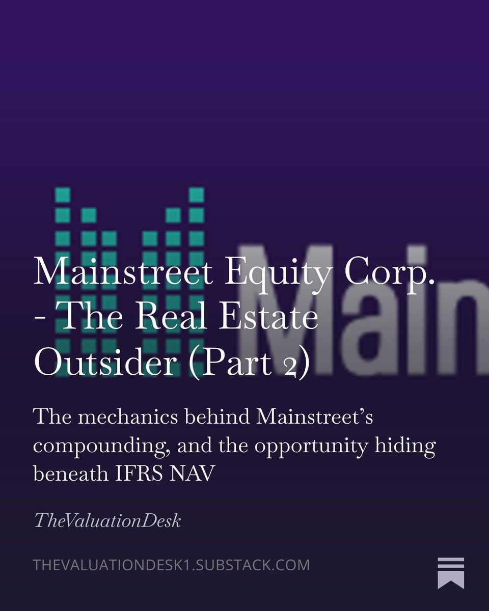 ValuationDesk's tweet image. Part 2 of our deep dive on Mainstreet Equity $MEQ $MEQ.TO is out.

We break down the business model and why IFRS NAV understates the long-term upside.

An underappreciated real estate compounder.

Read 👇
thevaluationdesk1.substack.com/p/mainstreet-e…