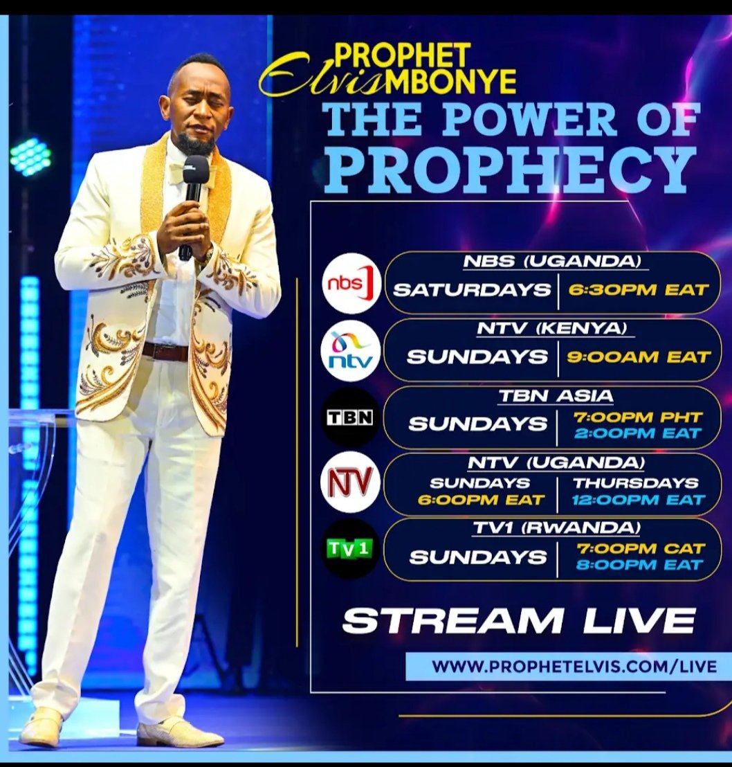 ElvisRoberts13's tweet photo. Life Transforming And World Dominating Agenda This Sunday With Prophet Elvis Mbonye On The Four Power Of Prophecy Programmes Below:👇 

🇰🇪NTV KENYA -9:00am(EAT)📺
🇵🇭TBN ASIA-2:00pm(EAT) 📺
🇺🇬NTV UGANDA-6:00pm(EAT)📺
🇷🇼TV1 RWANDA-8:00pmEAT📺

#ProphetElvisMbonye https://t.co/1o9df8lOTW