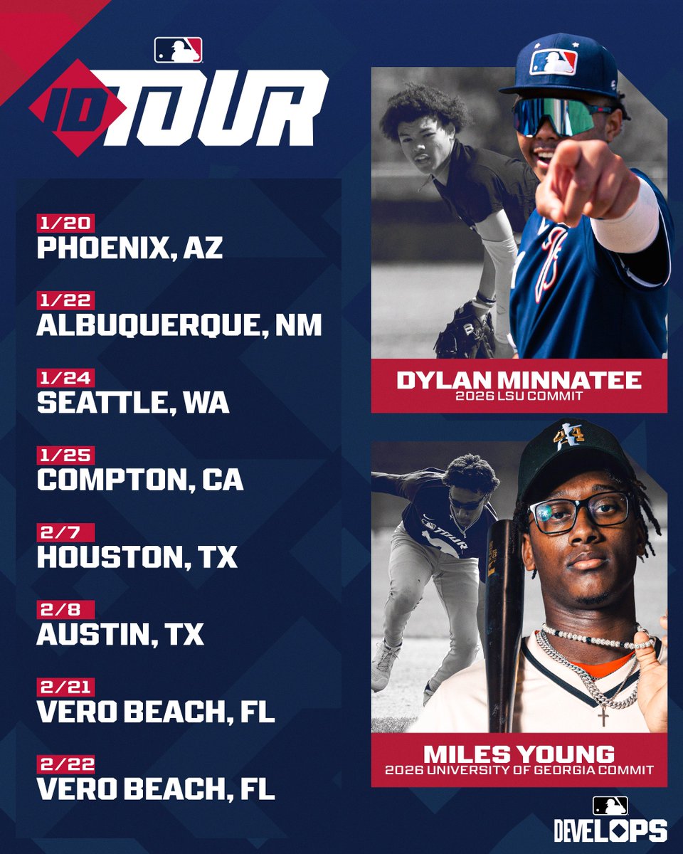 MLBDevelops's tweet image. New year, new MLB ID TOUR stops‼️🫡

See where we’re heading &amp;amp; hear the amazing stories from former ID Tour participants! 
Registration: mlb.com/mlb-tour