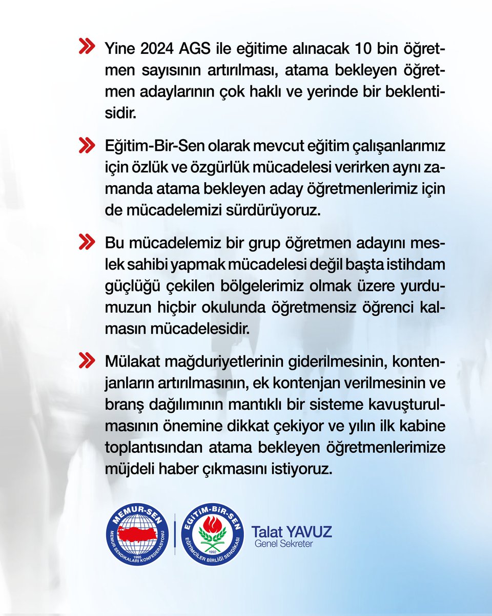 Genel Sekreterimiz Talat Yavuz, kabine toplantısı öncesi atama bekleyen öğretmenlere destek verdi:

“2024 AGS ile eğitime alınacak 10 bin öğretmen sayısının artırılması, yerinde bir beklentidir.“

“Atanmayı beklerken branş dağılımı nedeniyle atanamayan öğretmenler, ek kontenjan