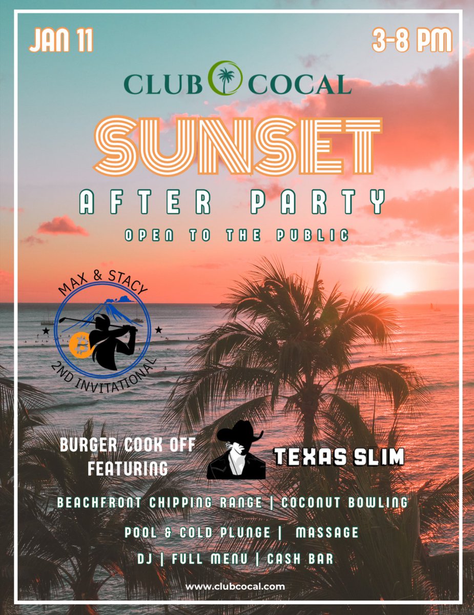 A few changes to our <a href="/MaxAndStacyGolf/">Max & Stacy Invitational</a> after party! <a href="/modernTman/">Texas Slim™</a> will be there as well for our burger cook off! 

Before the after party we are also hosting the <a href="/btcfarmersmrkt/">Bitcoin Farmers Market</a> beachfront! More info on this coming soon. 

It’s going to be an amazing day!
