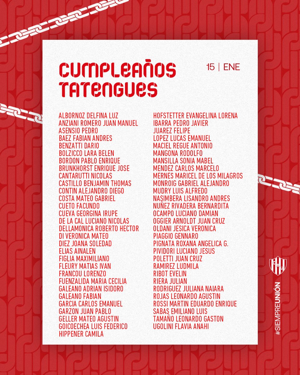 clubaunion's tweet photo. 🎂 Unión saluda a sus socios y socias que cumplen años hoy.
¡Felicidades! 🔴⚪ 
#SociosTatengues #SociasTatengues #CumpleañosTatengues https://t.co/KZ2fBzlqQP